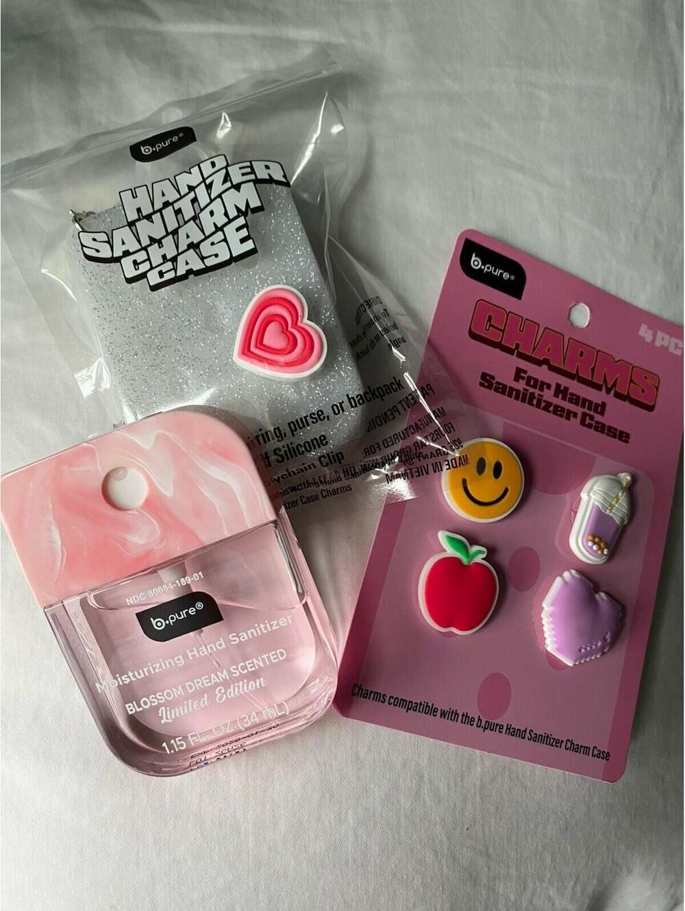 b.pure Pink Blossom Dream Tie Dye Sanitizer, Clear Glitter Case, card w/4 charms